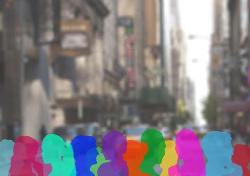 Digital composite of color silhouette of people on a street