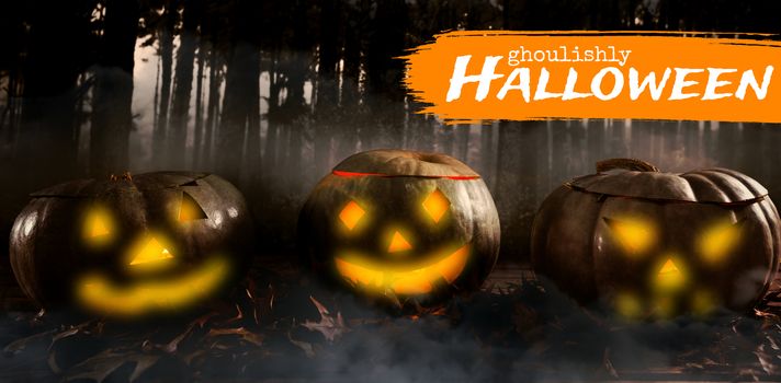 Graphic image of ghoulishly Halloween text against forest full of smoke 