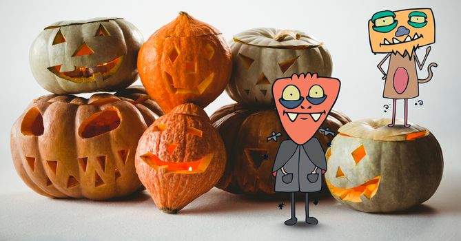 Digital composite of Cartoon Monsters standing with halloween pumpkins