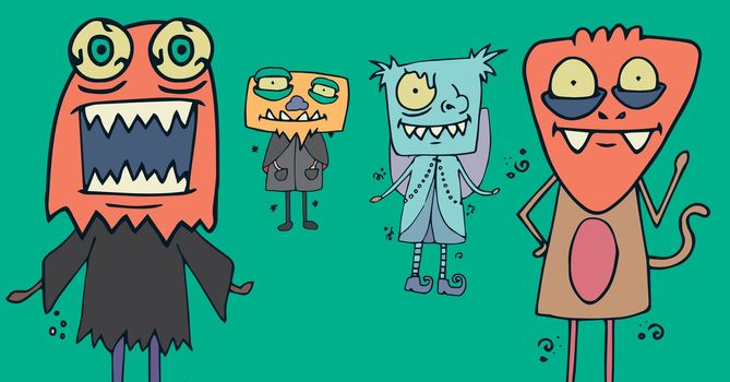 Digital composite of Monster illustrations in Halloween costumes