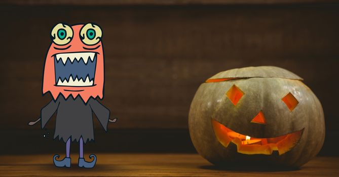 Digital composite of Monster cartoon standing next to halloween pumpkin