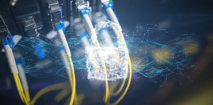 Composite image of padlock and connecting lines against view of data technology