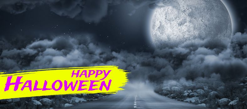Digital image of happy Halloween text against landscape of a road between stone in front of the moon 