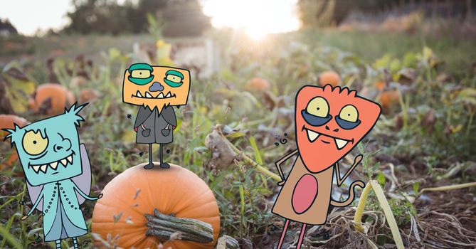 Digital composite of Monster cartoons standing on halloween pumpkin field