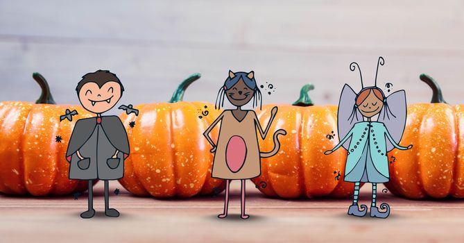 Digital composite of Cartoon Children in halloween costumes in front of halloween pumpkins