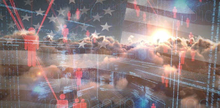 Binary codes and people icons against digitally generated image of american flag and clouds