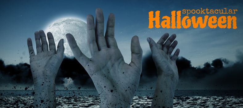 Graphic image of spooktacular Halloween text against digital image of cropped hands