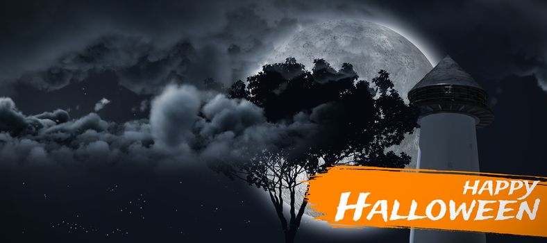 Digital image of happy Halloween text against moon shining behind a tree and clouds and structure
