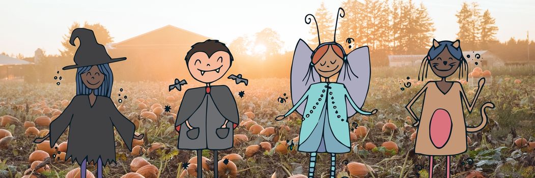 Digital composite of Cartoon children standing in halloween pumpkin field