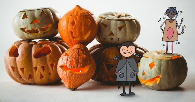 Digital composite of Cartoon children standing on halloween pumpkins