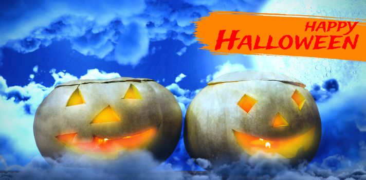 Digital image of happy Halloween text against moon shining between clouds 