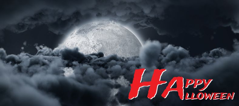 Graphic image of Happy Halloween text against shining moon hide by dark grey clouds in the sky 