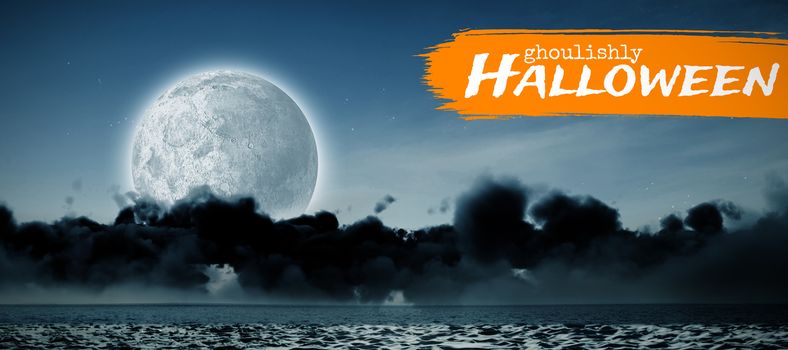 Graphic image of ghoulishly Halloween text against view of sea against sky
