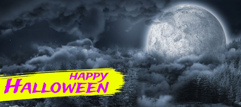 Digital image of happy Halloween text against landscape of lakefront hiding the moon 