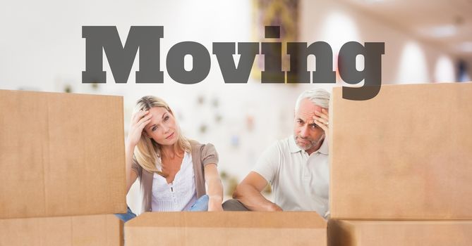 Digital composite of people moving boxes into new home