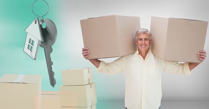 Digital composite of people moving boxes into new home with key