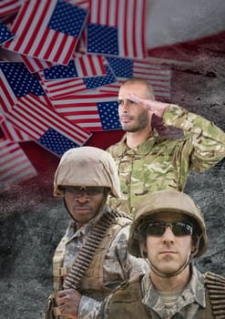 Digital composite of veterans day soldiers in front of flag