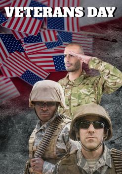 Digital composite of veterans day soldiers in front of flag