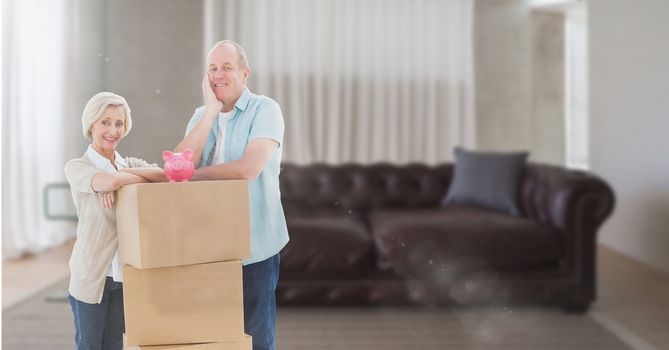 Digital composite of people moving boxes into new home