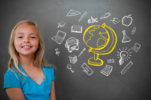 Cute pupil with chalkboard with education doodles