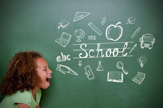 Composite image of education doodles with cute pupil shouting