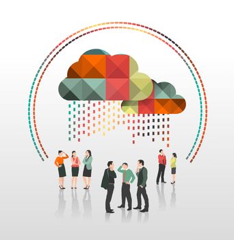 Business people standing under app cloud on grey background