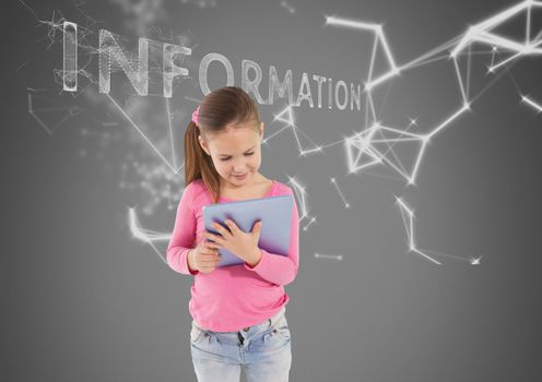 Digital composite of Girl against grey background with tablet and information technology graphics