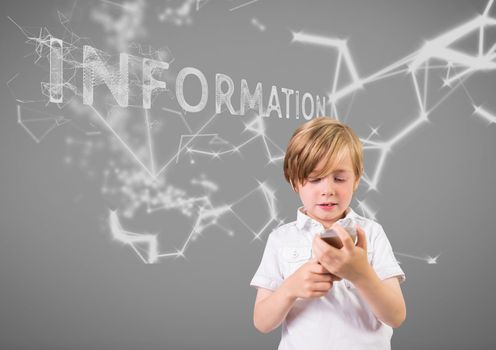 Digital composite of Boy against grey background with phone and information technology graphics