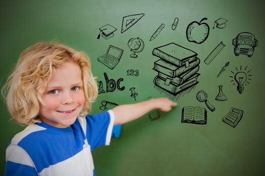 Composite image of education doodles with cute pupil pointing