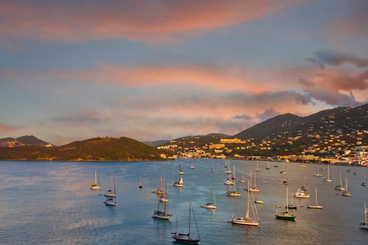 Many sailboats anchored in the bay of a tropical island