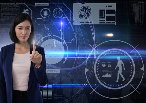 Digital composite of Businesswoman touching air in front of science technology background