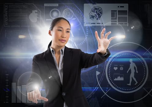 Digital composite of Businesswoman touching air in front of science technology interfaces