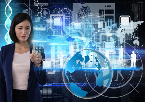 Digital composite of World technology interface and Businesswoman touching air in front of science technology background