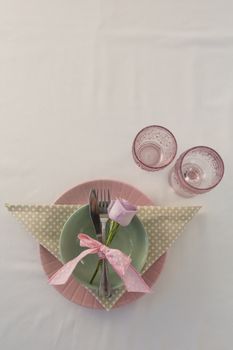 Overhead view of classic table setting, close-up