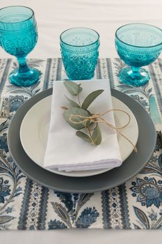 Close-up of floral theme table setting