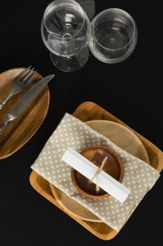 Overhead view of elegant table setting and glass