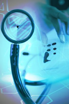 Digital background with chemical sign  against part of the blue stethoscope