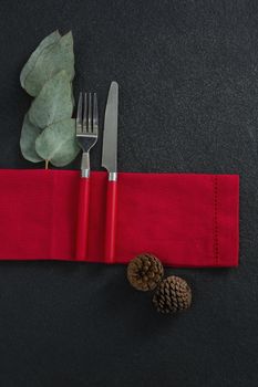 Fork and butter knife with leaf, pine cone and napkin on concrete background