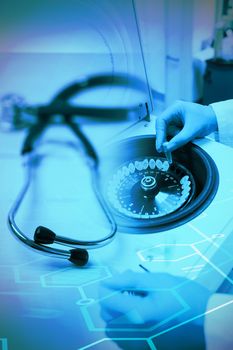 Medical icons set against stethoscope on desk