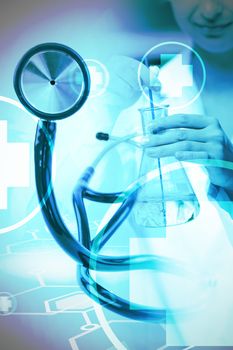 Digital background with emergency sign  against blue stethoscope 