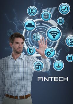 Digital composite of Businessman touching Fintech with various busincons