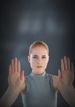 Digital composite of Futuristic Businesswoman holding hands open