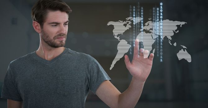 Digital composite of Businessman touching world map technology binary