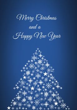 Digital composite of Merry Christmas and a Happy New Year text and Snowflake Christmas tree pattern shape