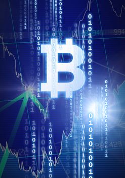 Digital composite of bitcoin graphic icon with binary code and market finance economy charts