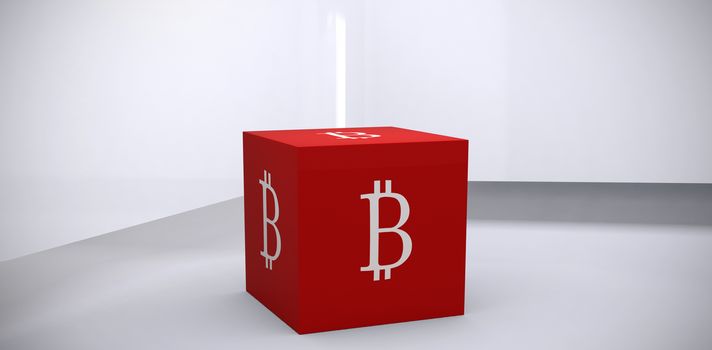 Big red cube with bitcoin logo on each side  against abstract room