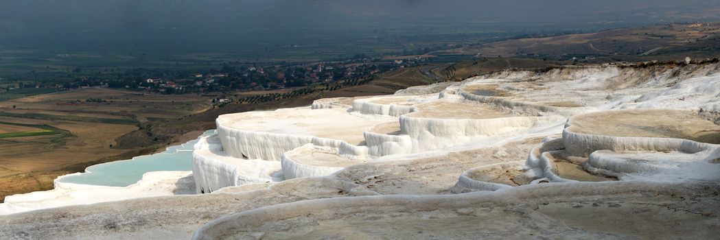 Pamukkale Travertine pool in Turkey on a summer morning.