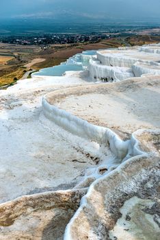 Pamukkale Travertine pool in Turkey on a summer morning.