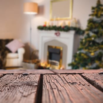 Rusty wooden plank against living room during christmas