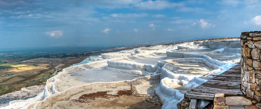 Pamukkale Travertine pool in Turkey on a summer morning.